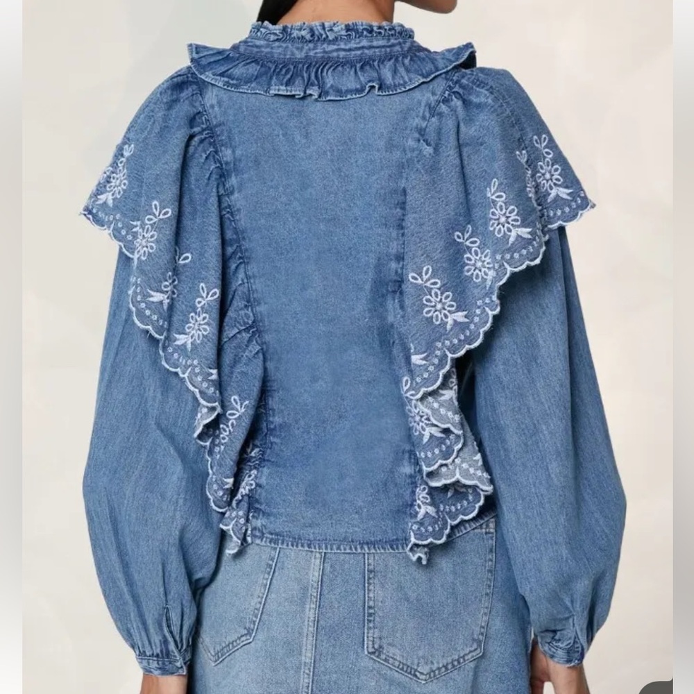 River Island Denim Ruffle Button Up Shirt NWT Small - Picture 4 of 9